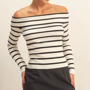 NEW Double Zero Black Striped Off Shoulder Ribbed Knit Top Boutique Size Large